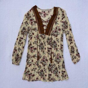 Flying Tomato Cream Floral Faux Suede Tassel Shift Dress Sz S Boho Bohemian Fall